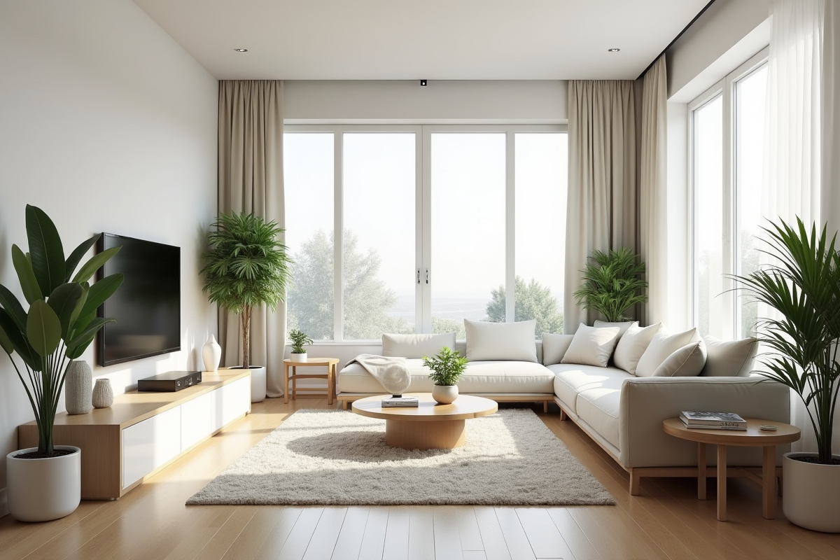 Salon lumineux avec grandes fenêtres et mobilier moderne