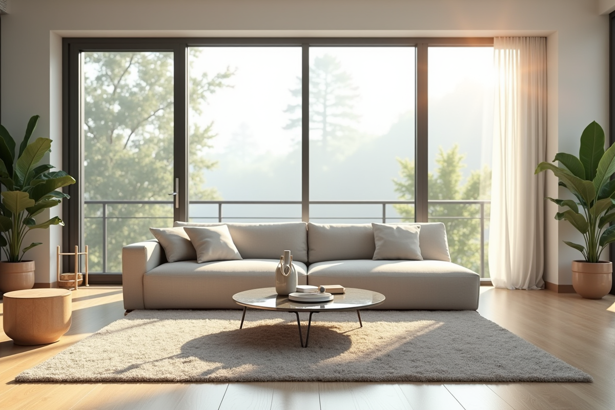 Salon moderne avec grandes fenêtres et décoration minimaliste