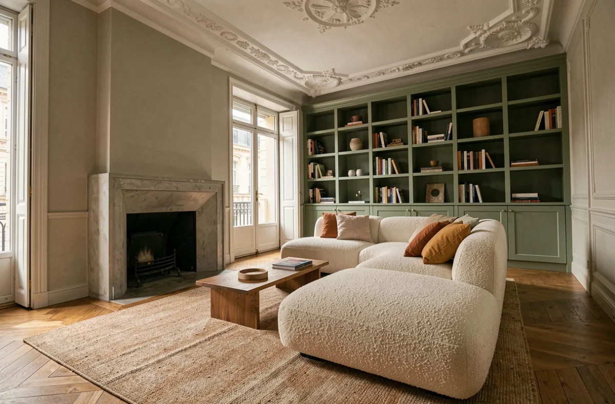 Salon rénové à Lyon avec bibliothèque sur mesure vert sauge, cheminée en béton ciré et canapé bouclé dans un appartement haussmannien