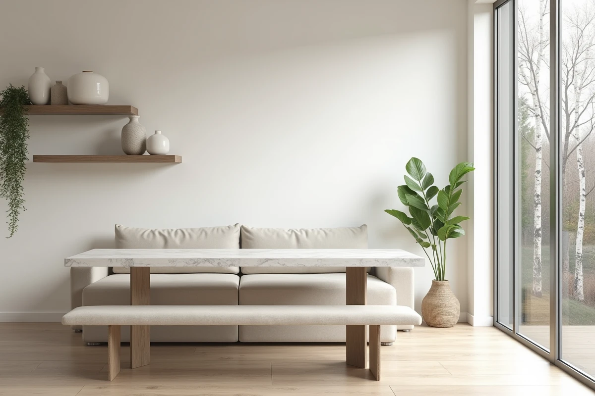 Salon et salle à manger ouverts de style scandinave avec table en marbre et grande fenêtre pour une ambiance lumineuse et épurée