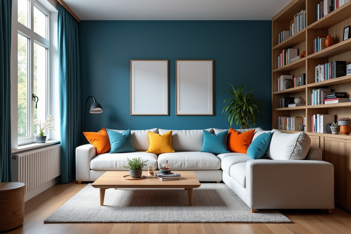Salon scandinave avec mur bleu et canapé d