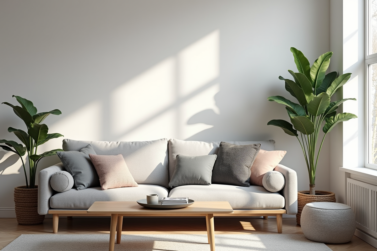 Salon scandinave avec canapé gris et coussins pastel