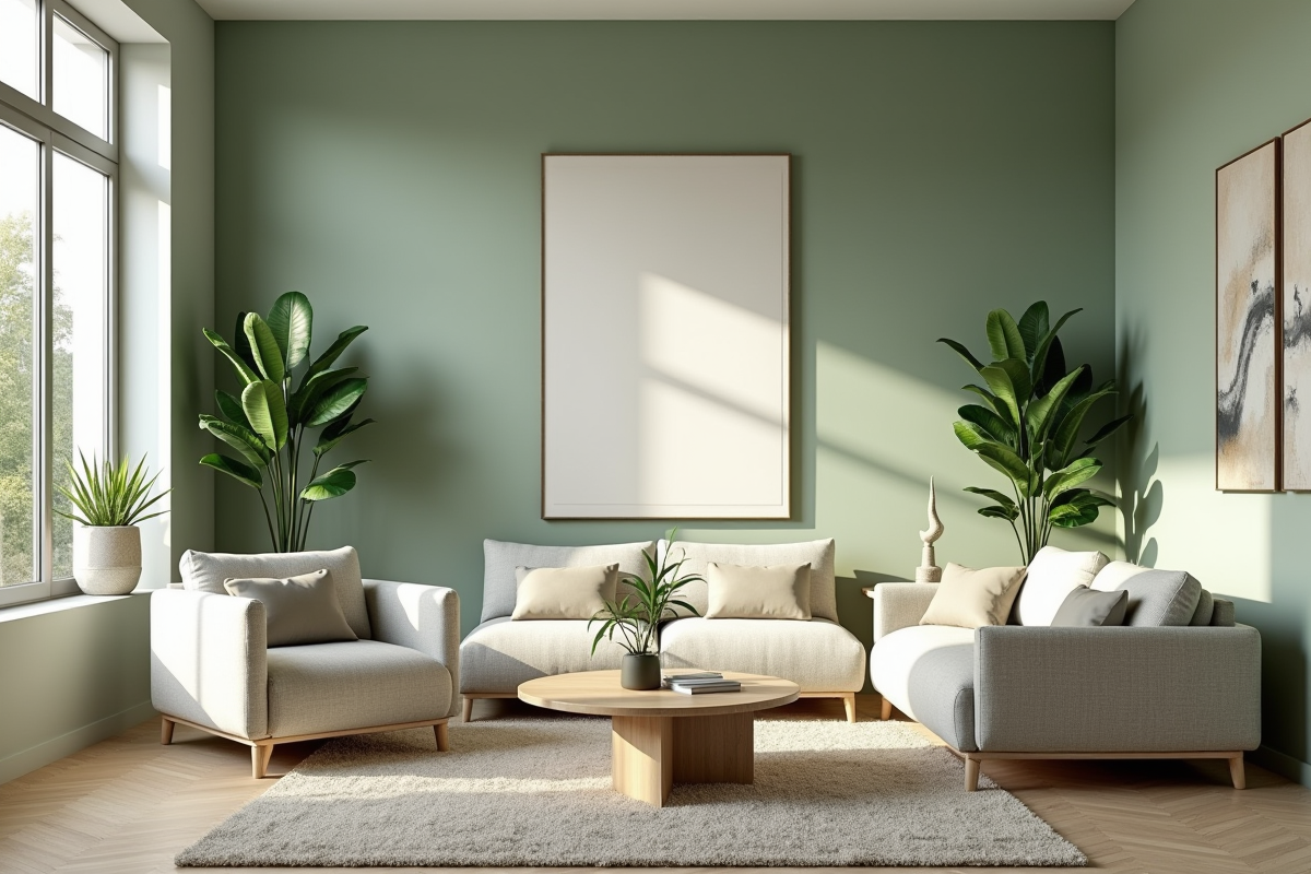 Salon moderne avec mobilier scandinave vert sauge