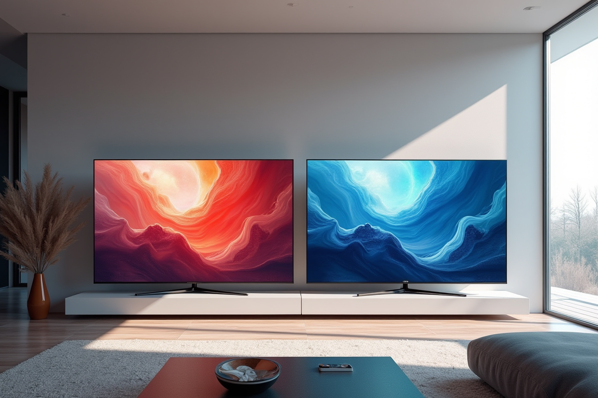 Salon moderne avec deux téléviseurs Neo QLED et QLED lumineux