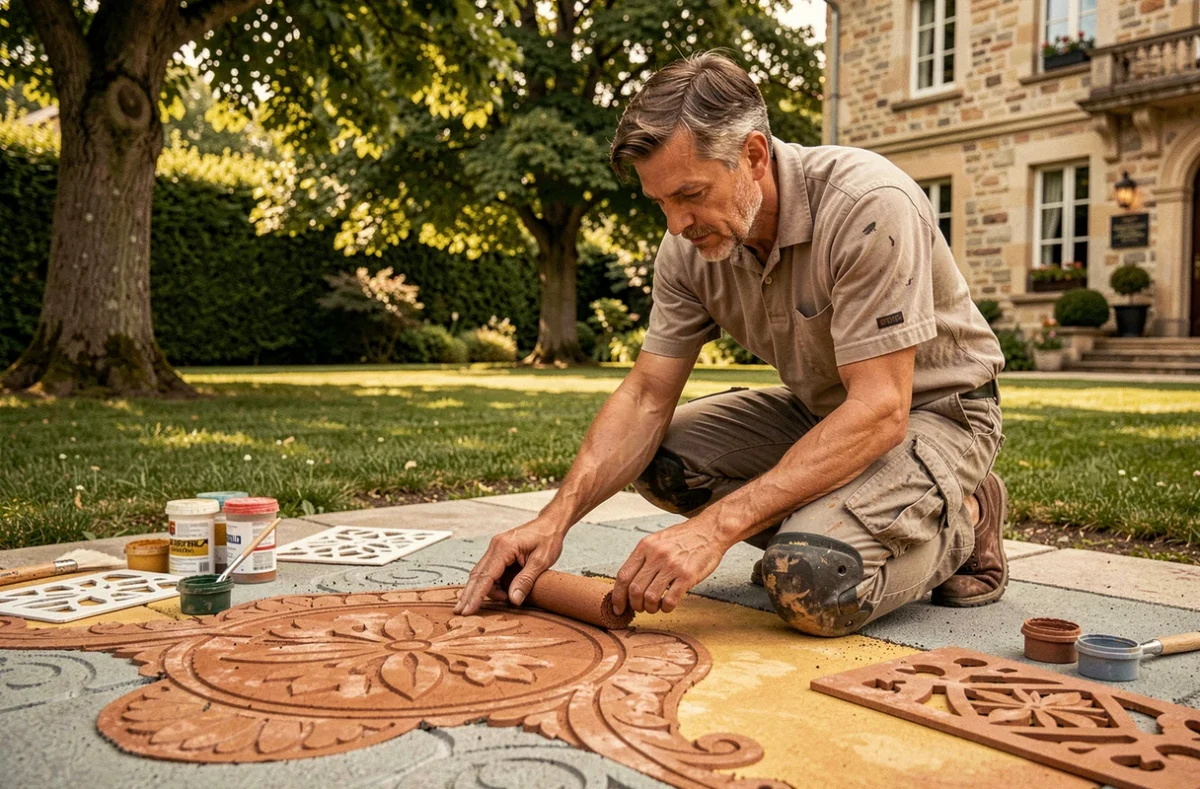 Artisan de Sarl Beton Color appliquant du béton décoratif imprimé sur une terrasse extérieure avec pigments colorés et patrons visibles