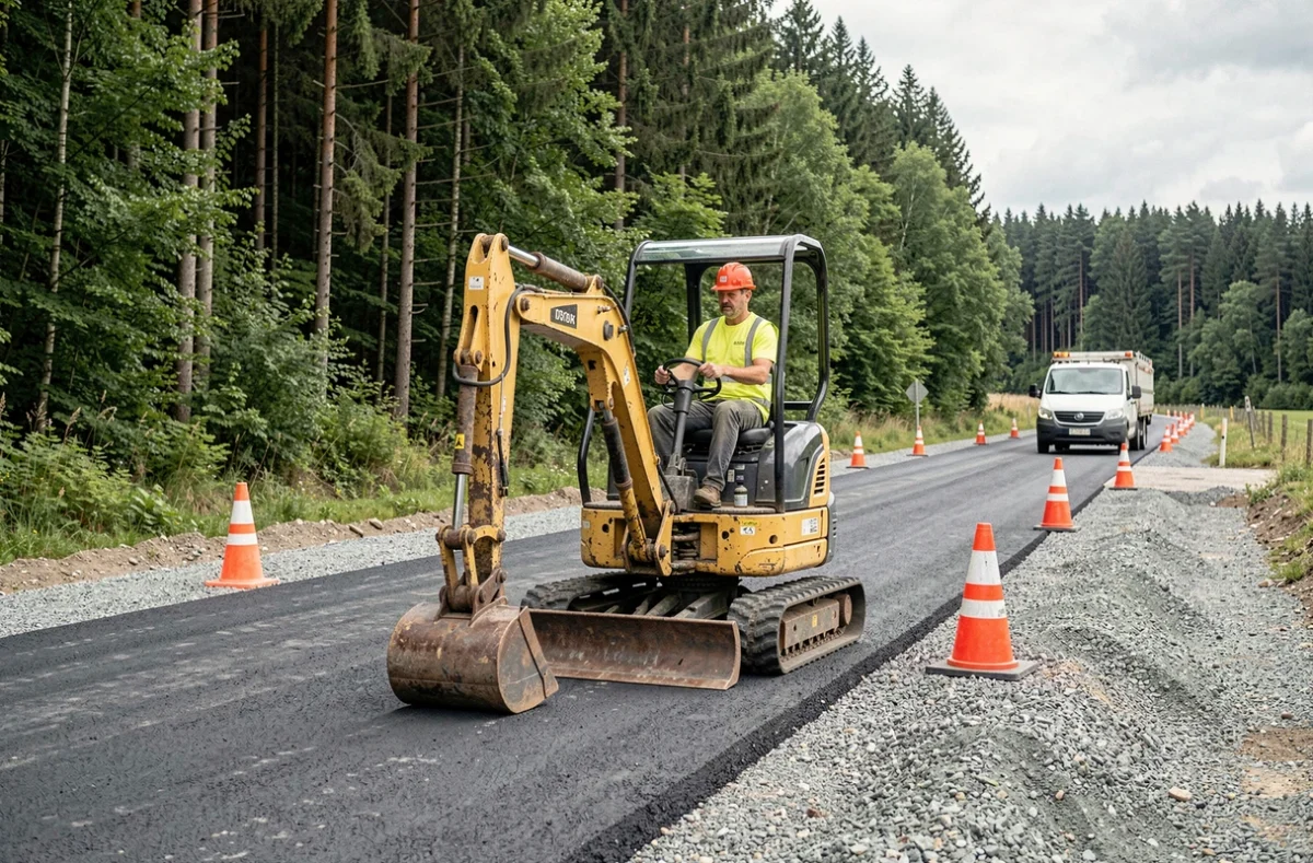 Opérateur de la Sarl Pierrel Travaux Publics conduisant une excavatrice sur un chantier de voirie dans les Vosges