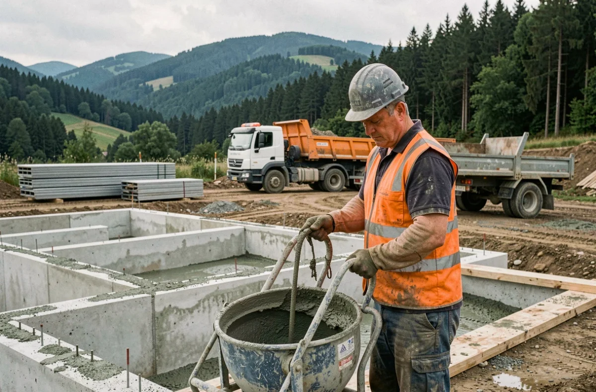 Ouvrier de SAS TIMBERT Maçonnerie travaillant sur une fondation en béton dans un chantier rural des Vosges