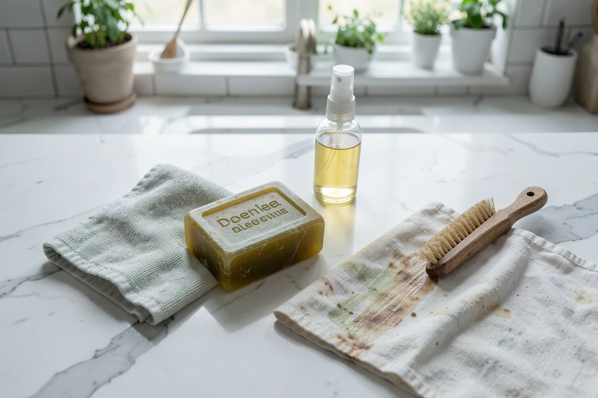 Flat lay de savon de fiel de bœuf et accessoires de nettoyage sur plan de travail en marbre blanc