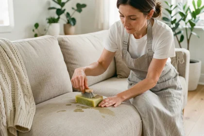 Femme appliquant du savon de fiel de bœuf sur une tache de canapé beige dans un salon scandinave