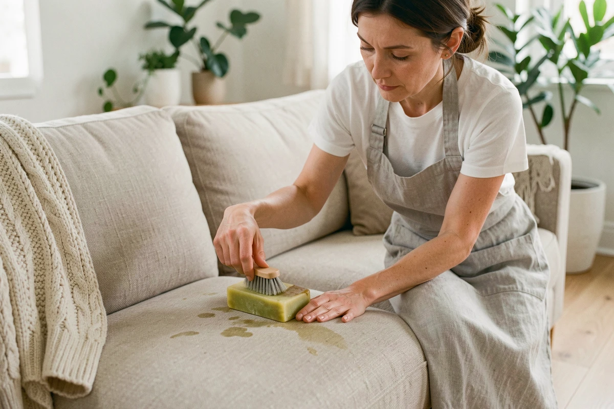 Femme appliquant du savon de fiel de bœuf sur une tache de canapé beige dans un salon scandinave
