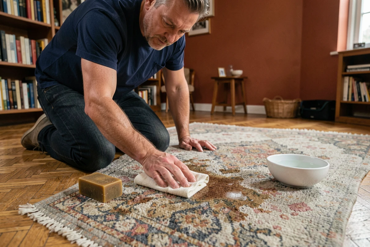 Homme nettoyant une tache sur un tapis de laine avec du savon de fiel de bœuf sur parquet en chevrons