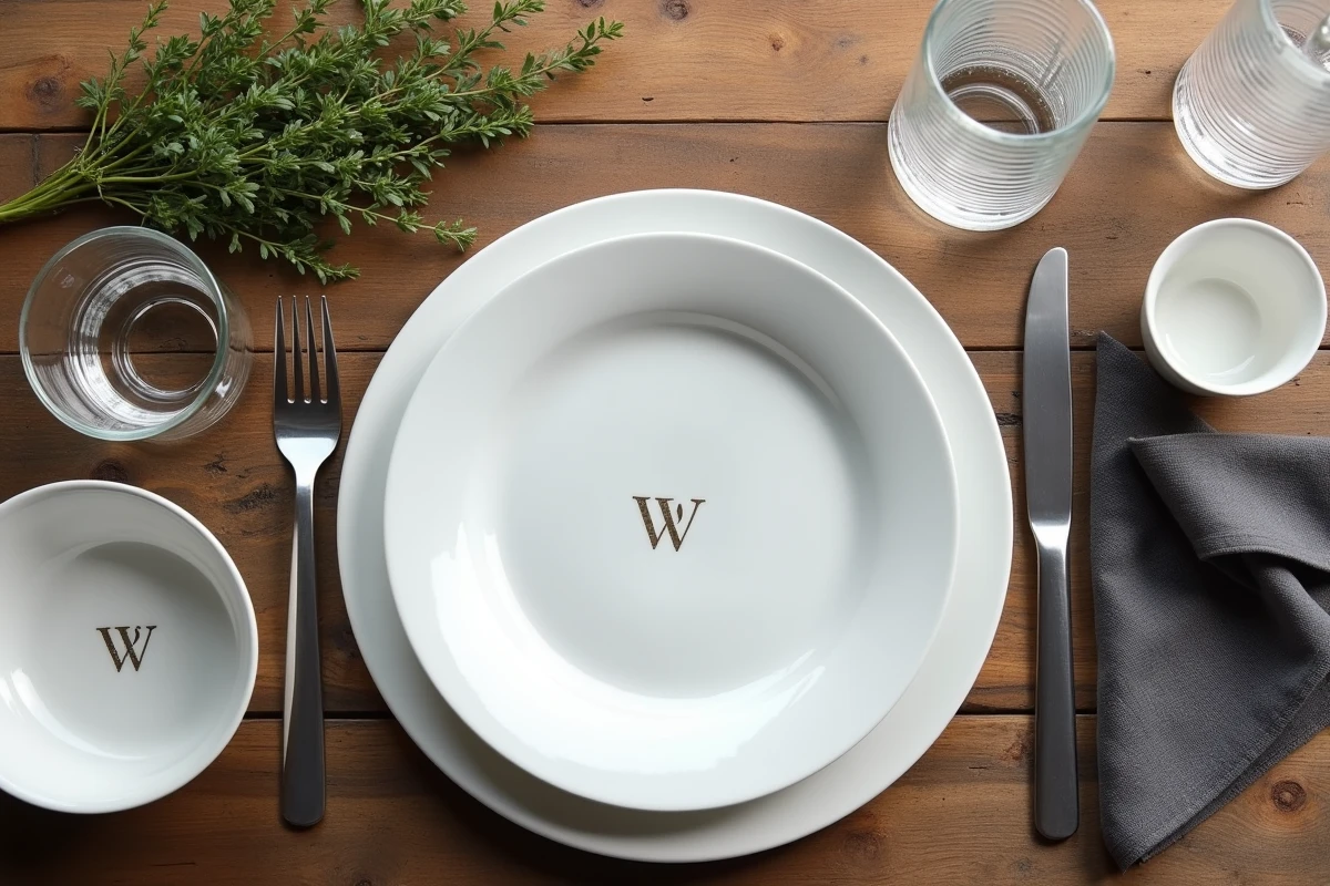 Service de table complet de marque W photographié en vue aérienne sur une table en bois rustique