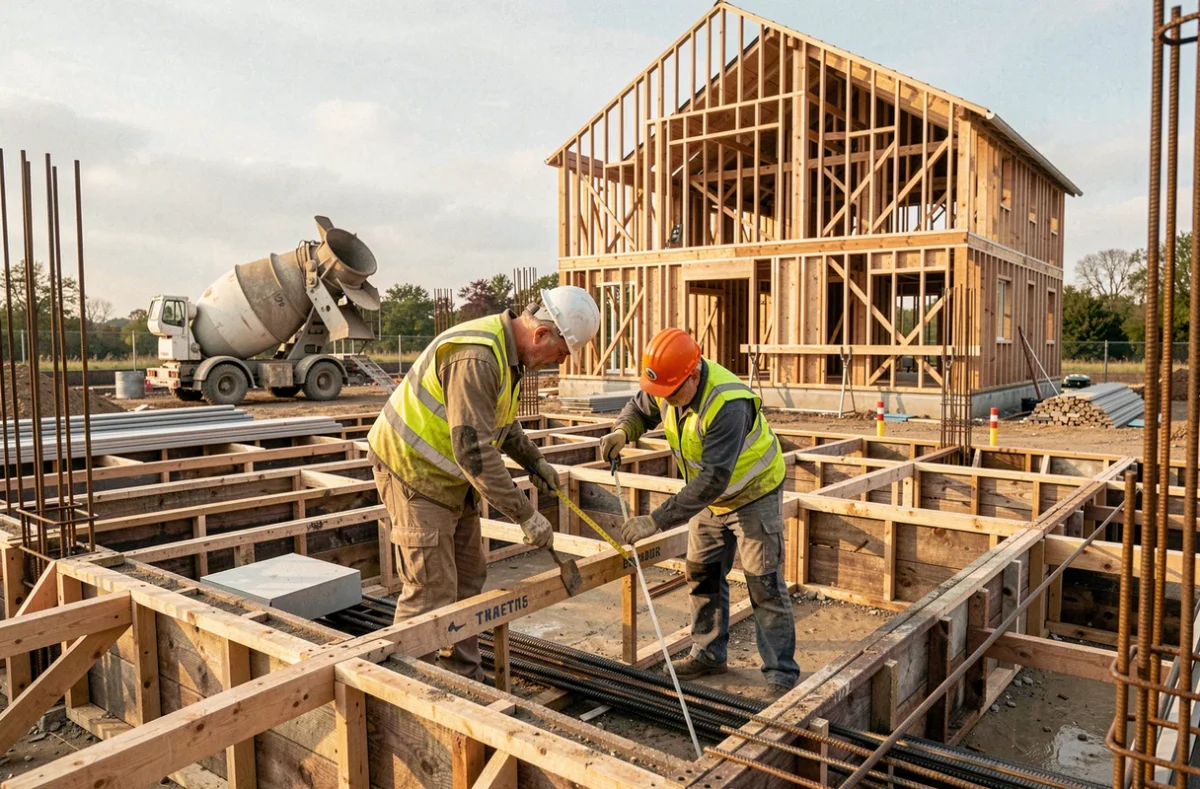 Équipe de Slavaux Construction travaillant sur le gros œuvre d'une maison neuve en construction avec charpente bois et ferraillage apparent