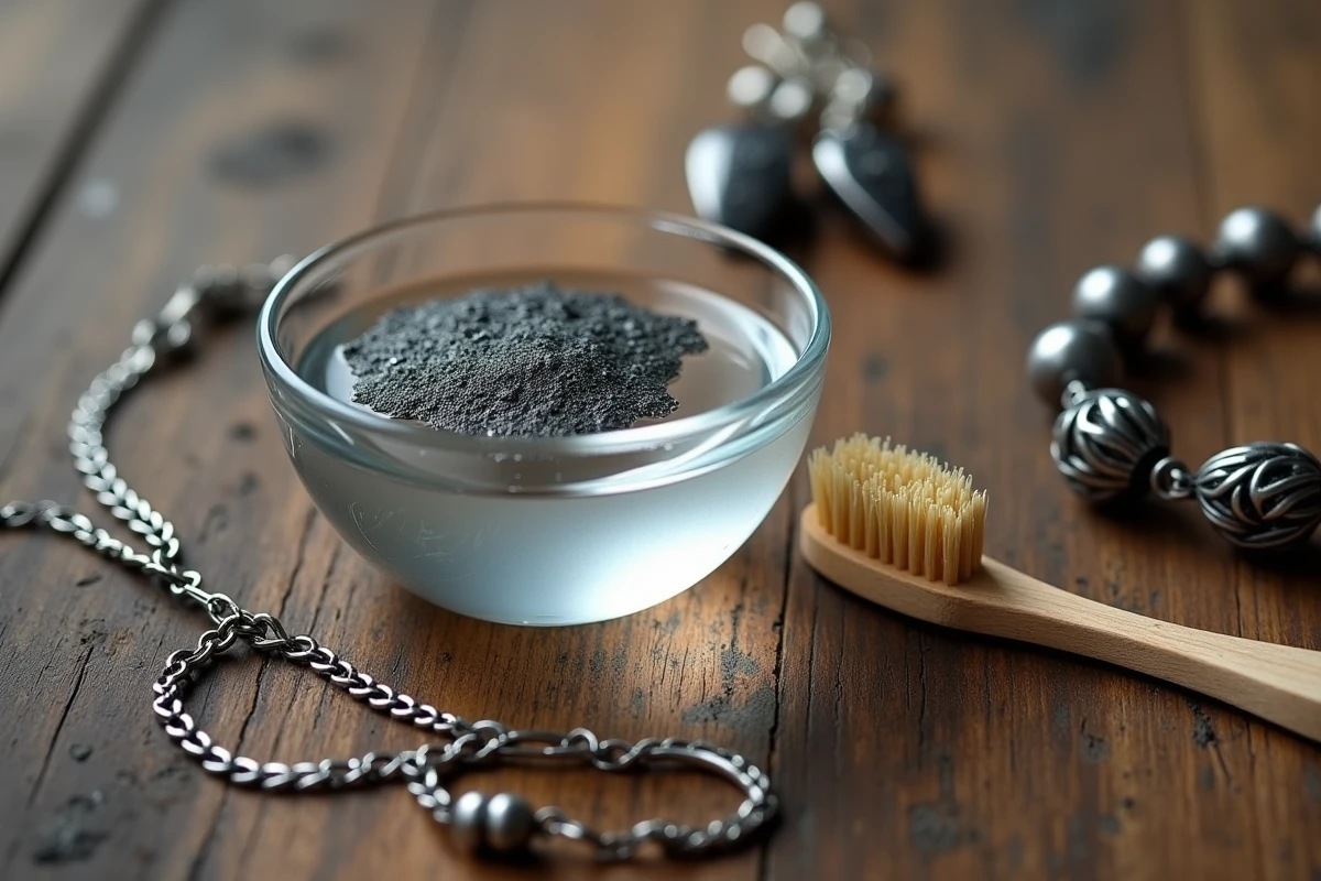 Bijoux en argent oxydés et noircis trempés dans une solution nettoyante dans un bol en verre sur table en bois