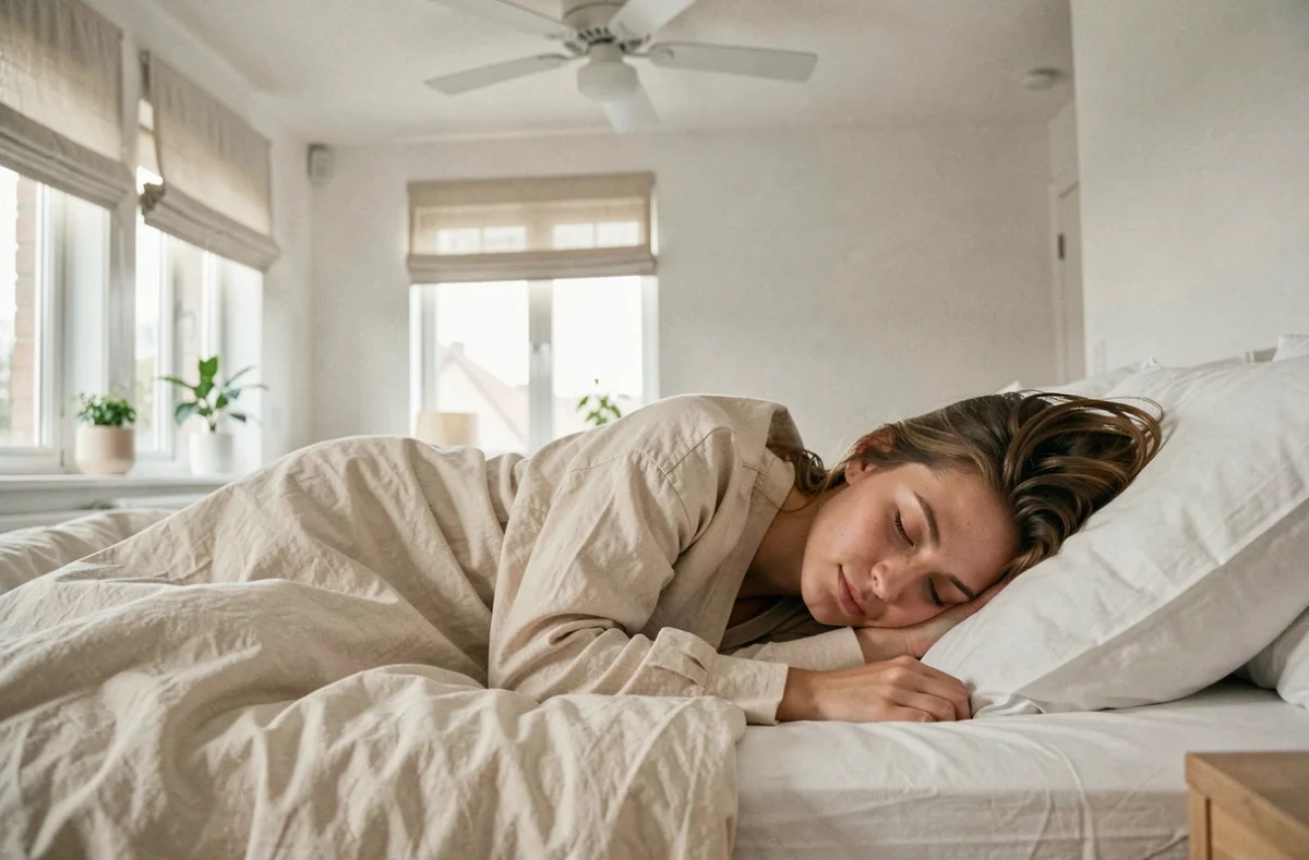 Femme dormant paisiblement dans une chambre fraîche équipée d'un ventilateur de plafond silencieux