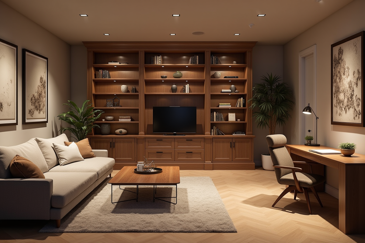 Sous-sol aménagé avec mobilier cosy et espace de travail