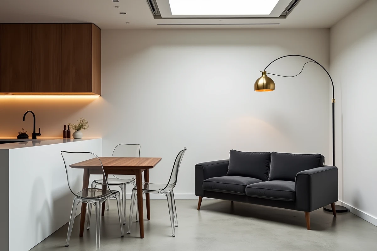 Studio urbain avec coin repas pliant et canapé compact optimisant l'espace d'un petit salon salle à manger pour agrandir visuellement la pièce