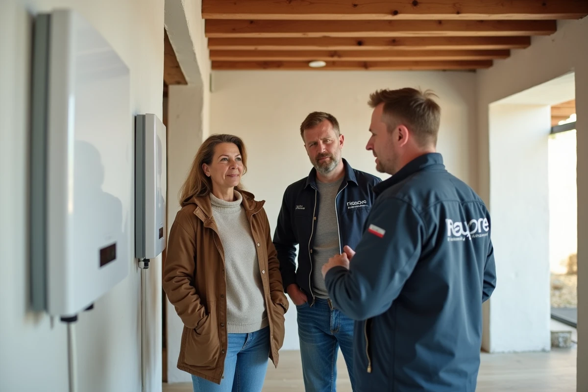 Propriétaires et technicien Eco Habitat Energie en discussion devant une pompe à chaleur installée en maison rénovée