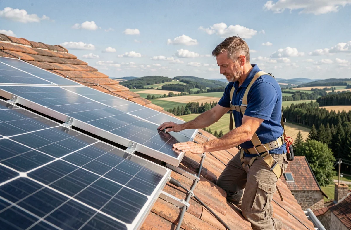 Technicien de Systèmes Solaires installant des panneaux photovoltaïques sur le toit d'une ferme vosgienne rénovée