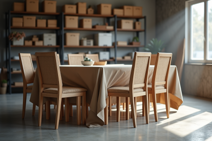 Table et chaises en bois dans un garage propre et bien rangé