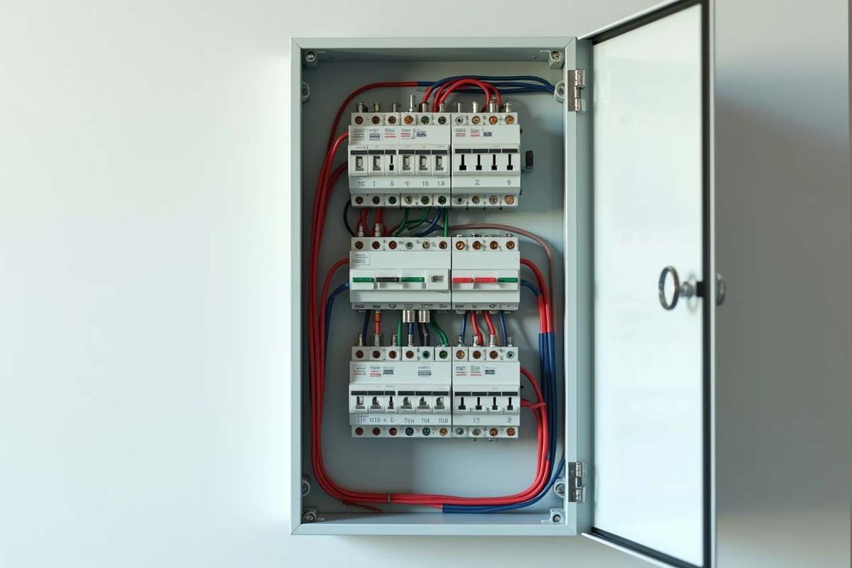 Tableau électrique résidentiel ouvert avec prises modulaires et disjoncteurs organisés
