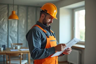 Technicien en overalls examine un rapport d energie dans un appartement moderne
