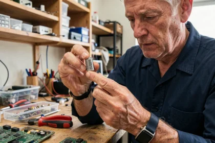 Technicien en électronique tenant un condensateur électrolytique cylindrique entre ses doigts dans un atelier de réparation