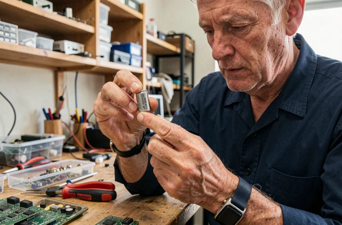Technicien en électronique tenant un condensateur électrolytique cylindrique entre ses doigts dans un atelier de réparation
