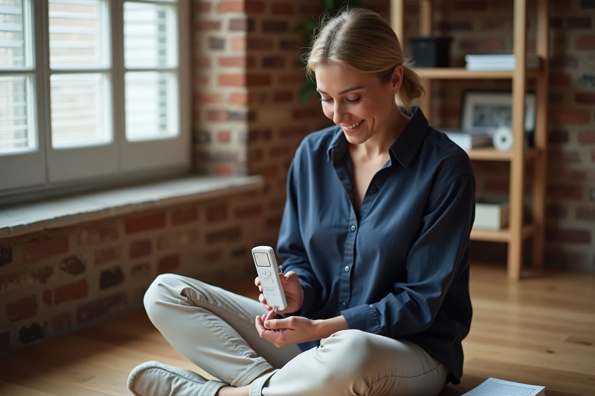 Femme consultant la télécommande Somfy RTS pour programmer un volet roulant, assise sur un plancher en bois dans un bureau à domicile