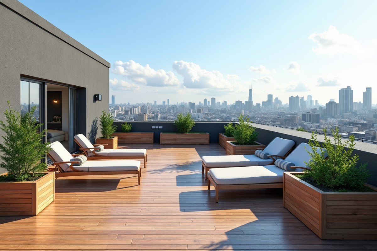 Terrasse en bois moderne sur garage avec vue urbaine