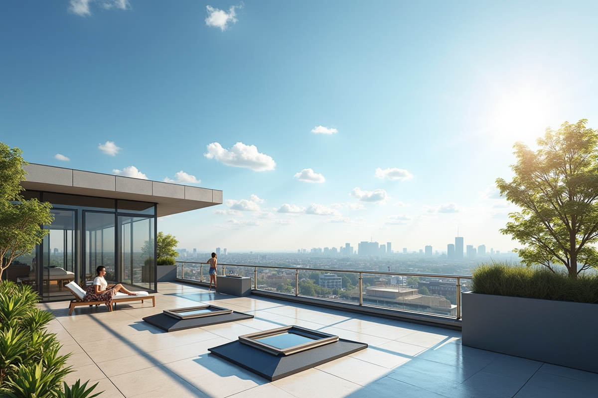 Terrasse sur le toit avec skylights et vue urbaine ensoleillée