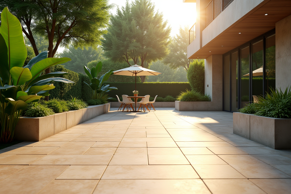 Terrasse en travertin ensoleillée avec plantes vertes