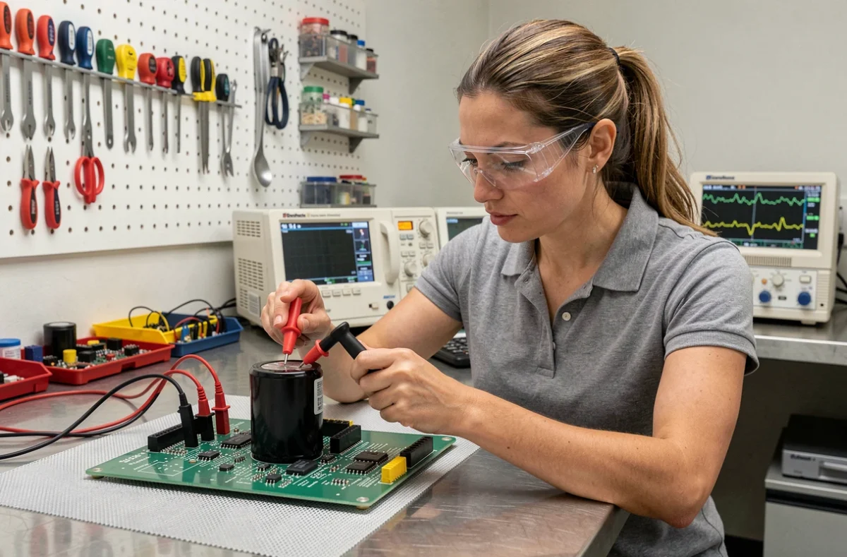 Femme technicienne mesurant la capacité d'un condensateur sur un circuit imprimé avec un multimètre numérique