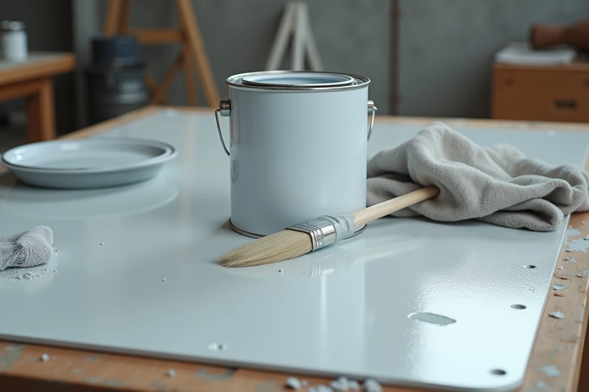 Gros plan sur une surface métallique peinte en RAL 9006 aluminium blanc avec un pot de peinture ouvert et un pinceau posé sur un établi d'atelier