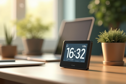 Thermomètre digital moderne sur un bureau en bois avec plante et ordinateur