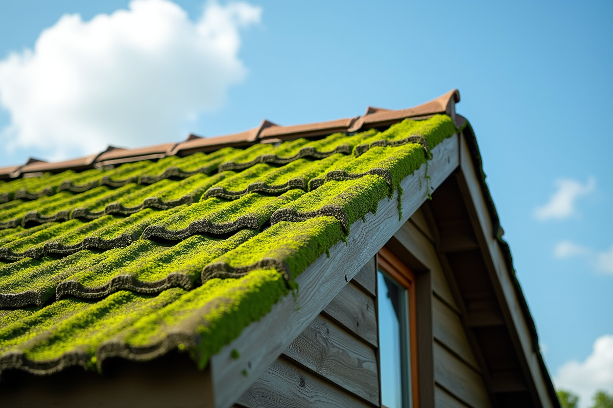Toit recouvert d'algues vertes sous un ciel ensoleille
