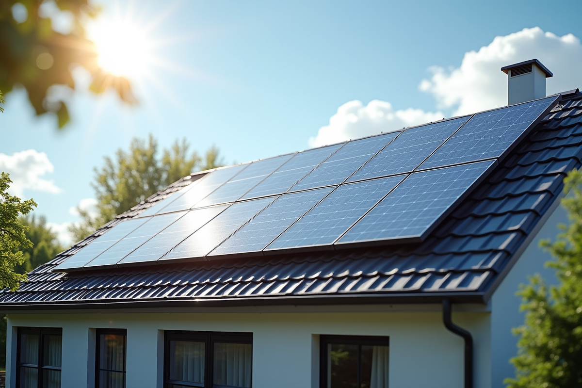 Toit moderne avec panneaux solaires ensoleilles dans un quartier