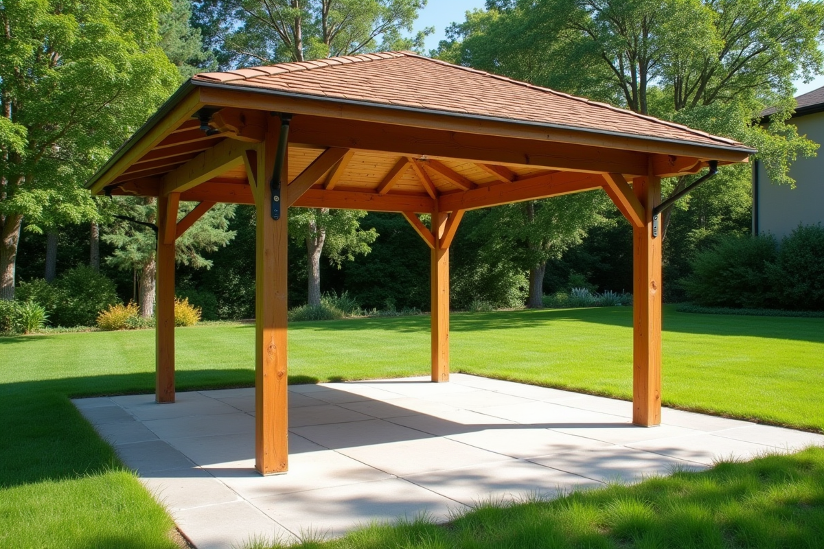 Tonnelle en bois solide sur patio en béton en plein soleil