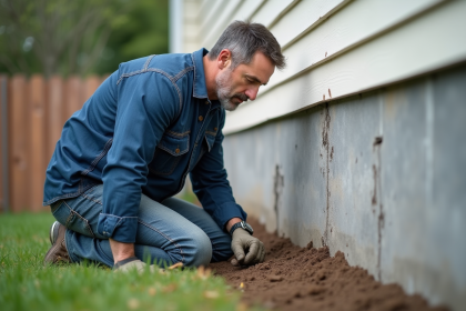 Ouvrier examinant une fissure sur une fondation en béton extérieure