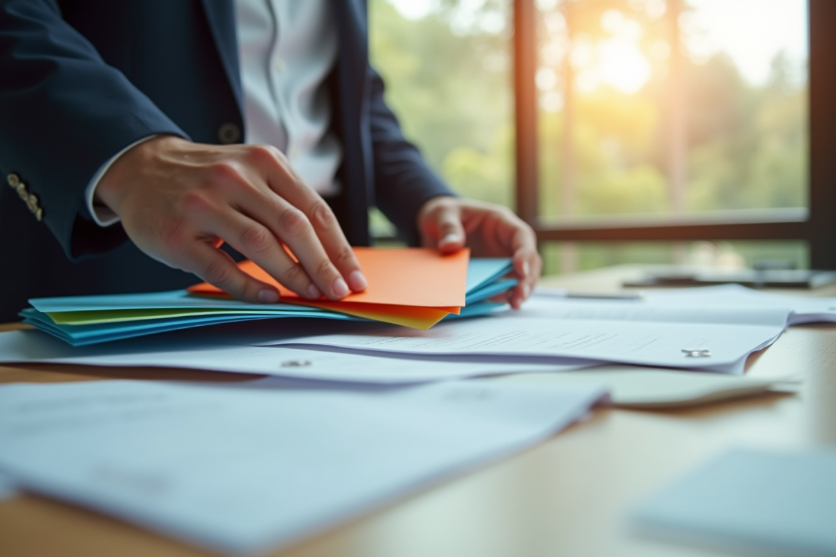 Main triant des enveloppes colorées sur un bureau moderne