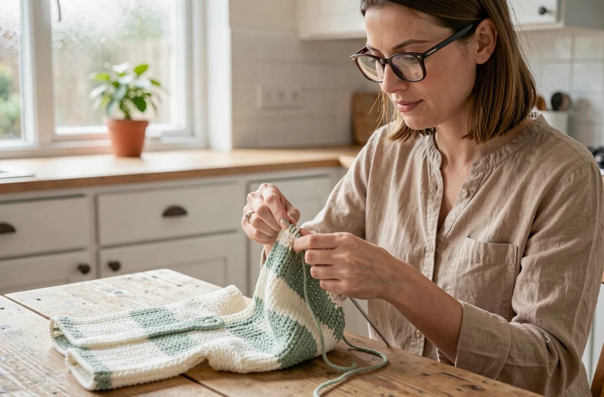 Femme en train de tricoter un petit gilet bébé avec de la laine bebecolor blanche et vert sauge dans une cuisine scandinave