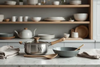 Ustensiles et casseroles de marque W disposés sur un plan de travail en quartz dans une cuisine moderne