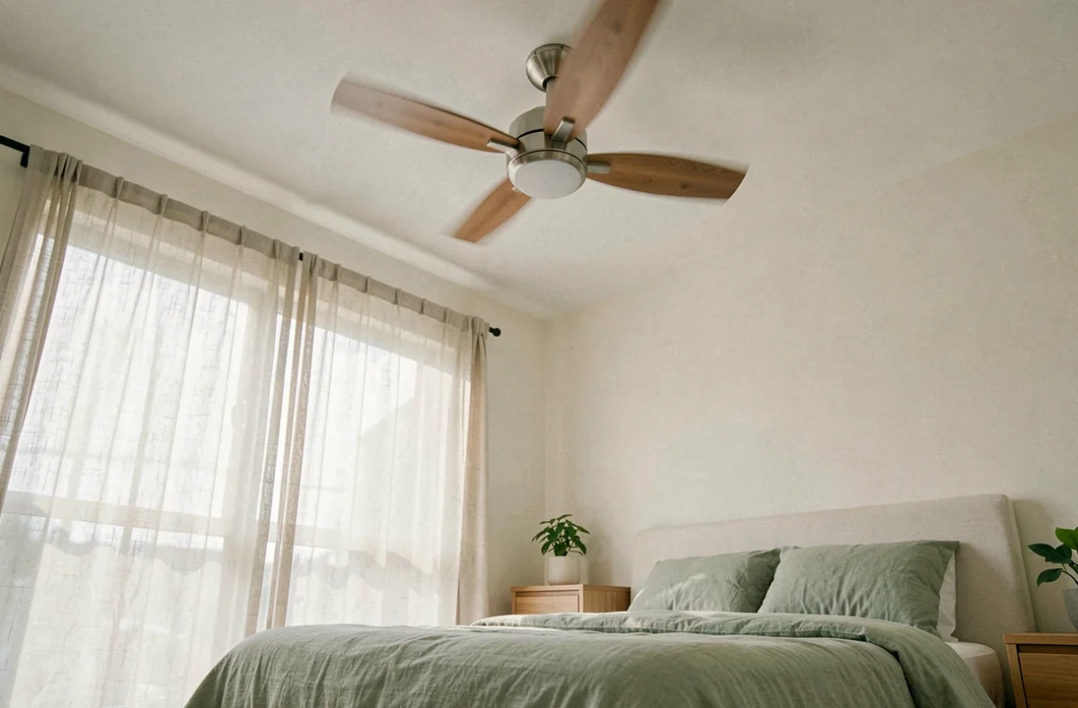 Ventilateur de plafond ultra silencieux au design moderne au-dessus d'un lit douillet dans une chambre paisible