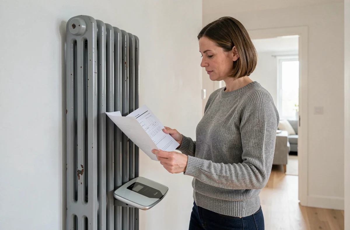 Femme vérifiant le poids d'un radiateur en fonte avec une balance dans un couloir d'appartement rénové