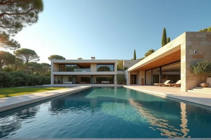 Villa de luxe moderne avec piscine à débordement et façade en pierre naturelle dans le sud de la France