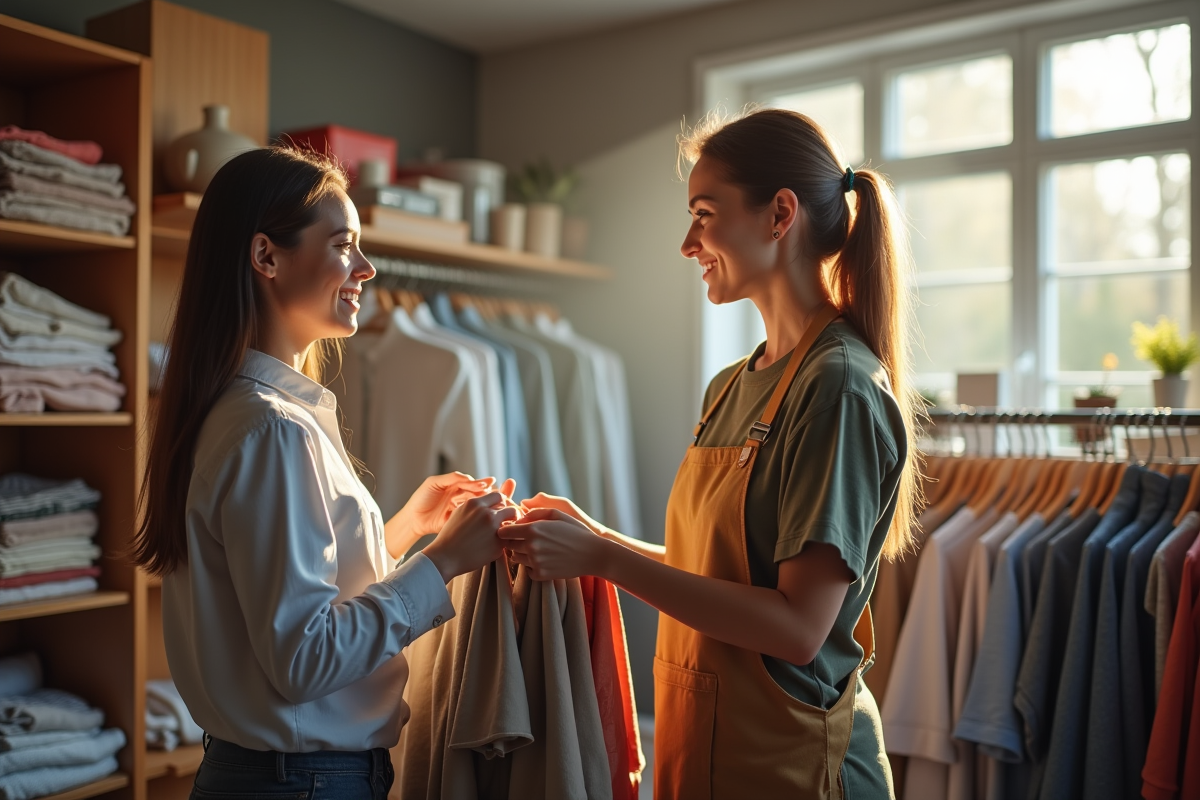Volontaire souriant donnant des vêtements à une femme dans une boutique Emmaüs