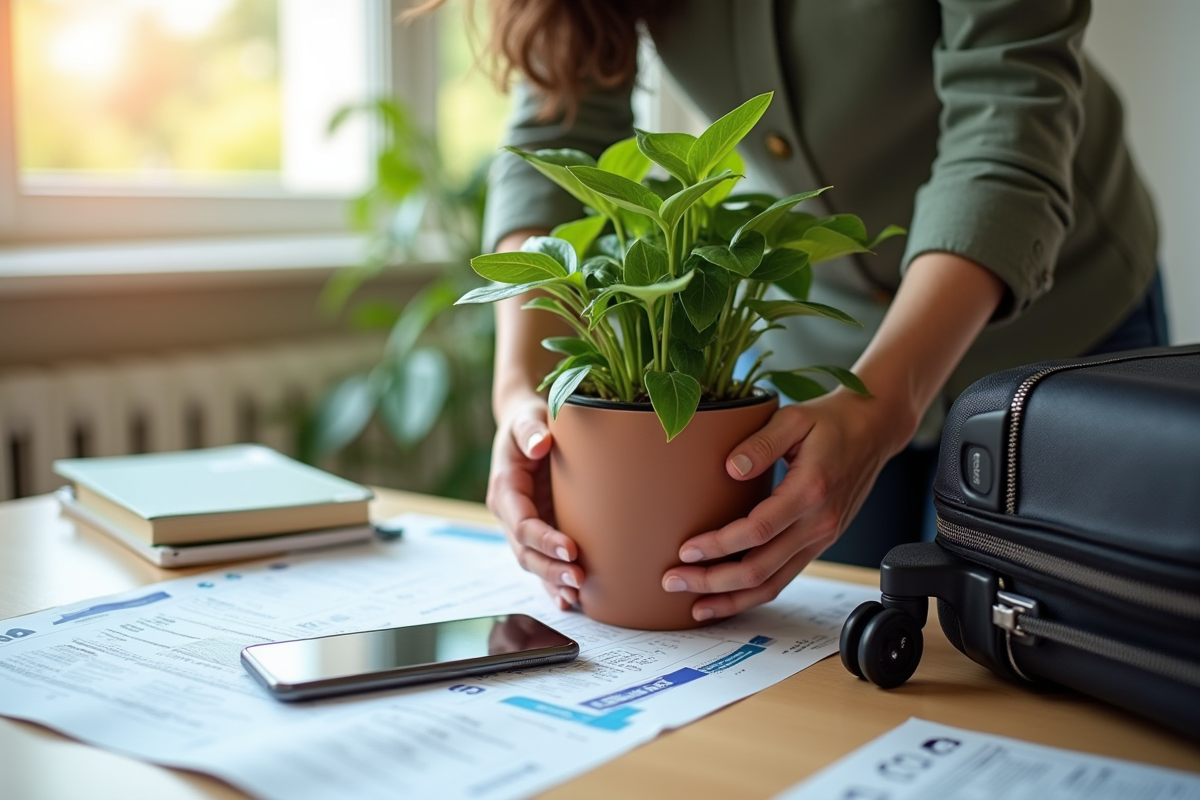 Voyageur préparant une plante verte dans une valise lumineuse